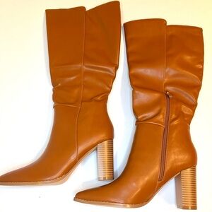 Wide Calf Knee-High Boots - Classic Tan / Brown Leather Heeled Knee-High Boots